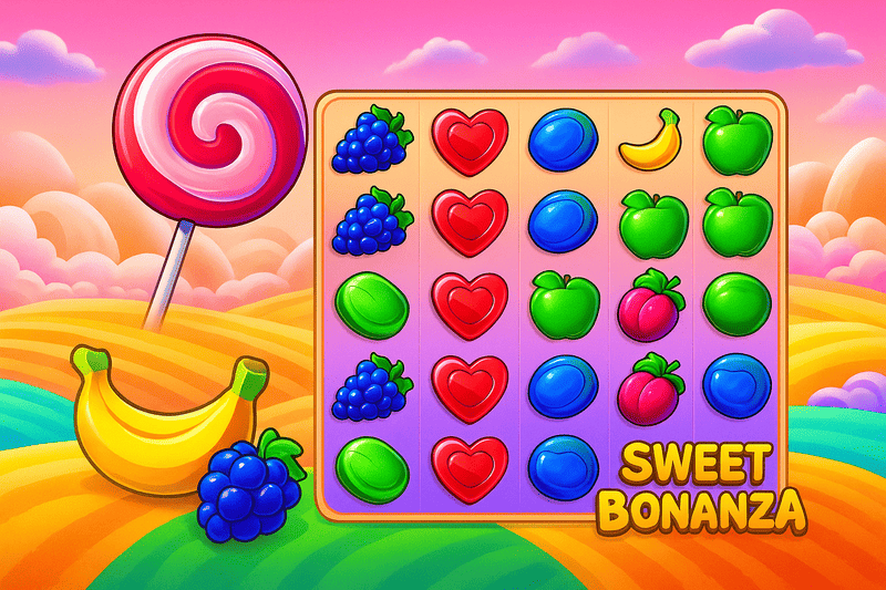 Sweet Bonanza slot oyunu renkli meyve ve lolipop sembolleri